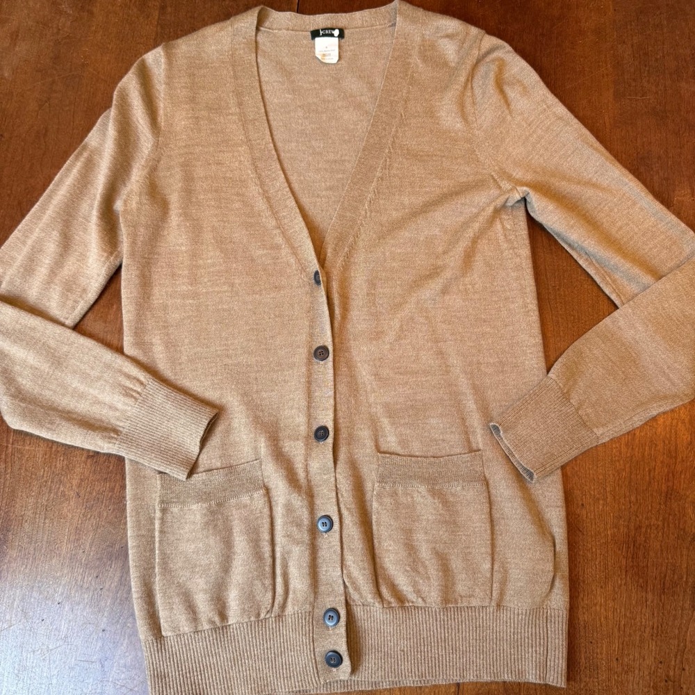 J.Crew Cardigan Women Small Tan 100 Merino Wool V-Neck Button Front Pockets Long